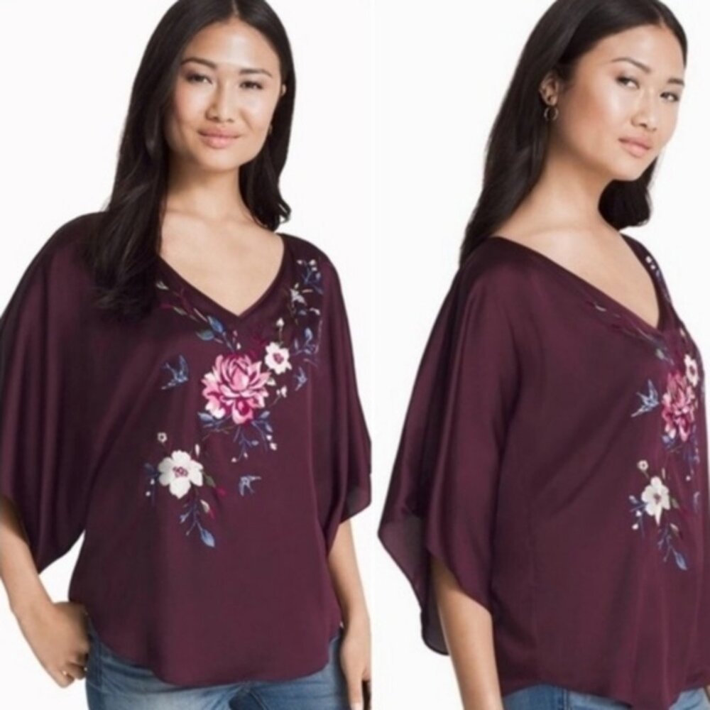 White House Black Market Plum Satin Embroidered Dolman Top Womens Size Medium